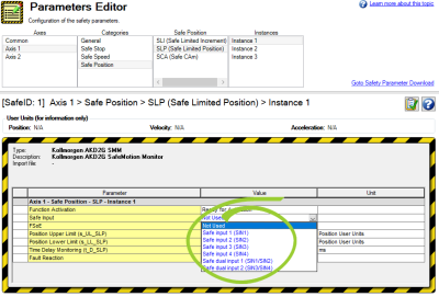 Parameters Editor with the Safe Input values shown and circled